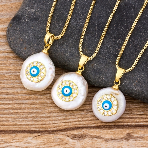 Bonito colgante de circonita con forma de ojo malvado, moneda Natural, Perla de agua dulce, cadena de eslabones dorados, colgante, Gargantilla, collar para mujer, regalo de joyería ► Foto 1/5