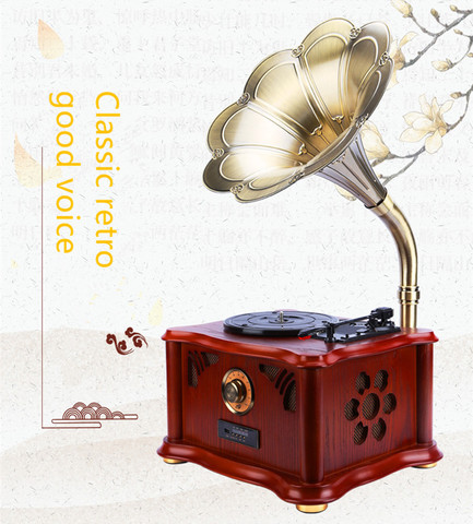 Reproductor de discos de madera sólida retro clásico, Gramófono de vinilo, bocina grande, altavoz subwoofer, bluetooth, discos de audio, radio FM, música HiFi ► Foto 1/6