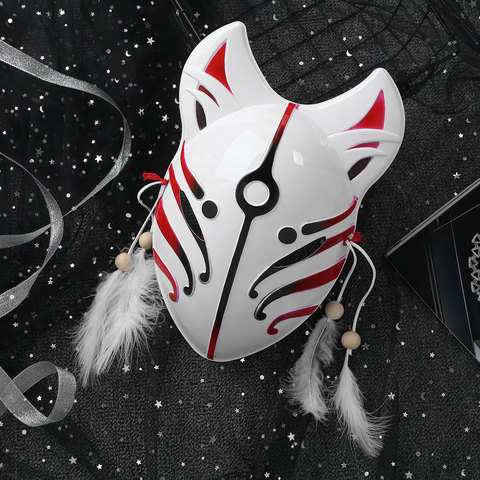 Mascarilla facial completa de estilo japonés pintado a mano, máscaras de zorro de PVC con borlas de plumas, fiesta, espectáculo, Festival, traje de baile ► Foto 1/6