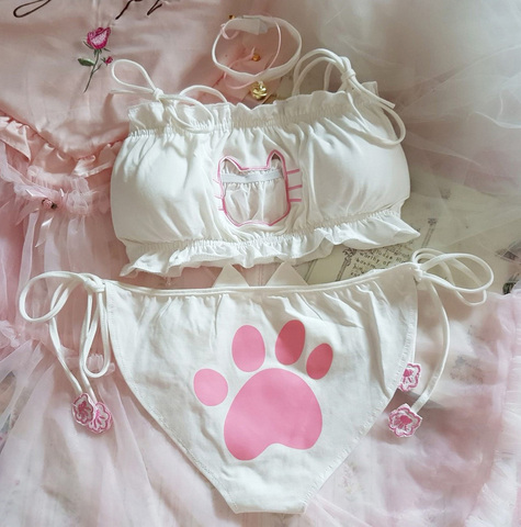 Conjunto de ropa interior de algodón con lazo en el pecho para mujer, juego de bragas de encaje, sexy, gato, chica, anime japonés ► Foto 1/5