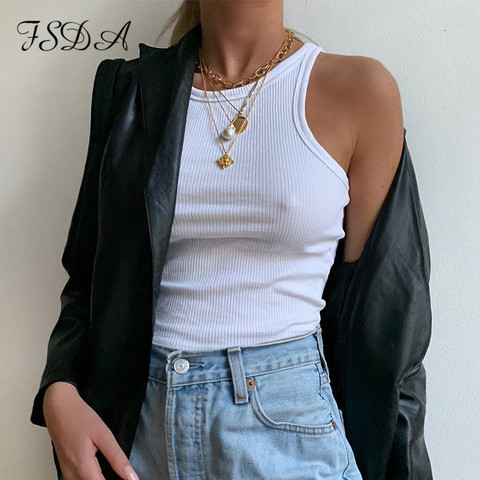 FSDA-Top corto de punto sin mangas con cuello redondo para mujer, Camiseta básica Sexy, camiseta blanca con hombros descubiertos, camiseta sin mangas negra acanalada informal ► Foto 1/6