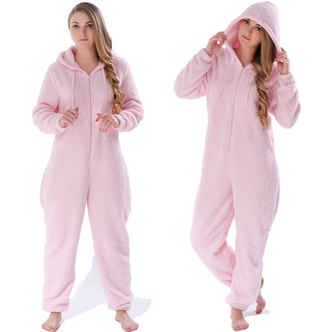 Pijama cálido de Invierno para mujer, mono de forro polar esponjoso, Conjunto de pijama de talla grande con capucha ► Foto 1/6
