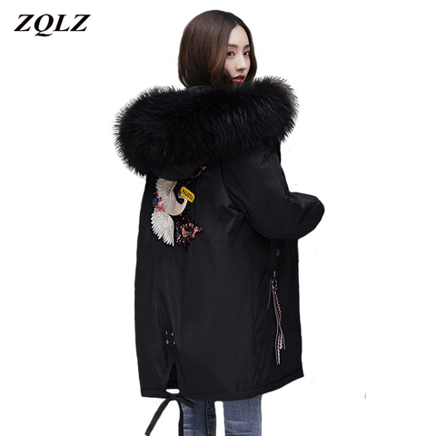 ZQLZ-Chaqueta de invierno para Mujer, Nuevo bordado informal con capucha, cálido, algodón, abrigo suelto para Mujer, Parka larga negra, 2022 ► Foto 1/6