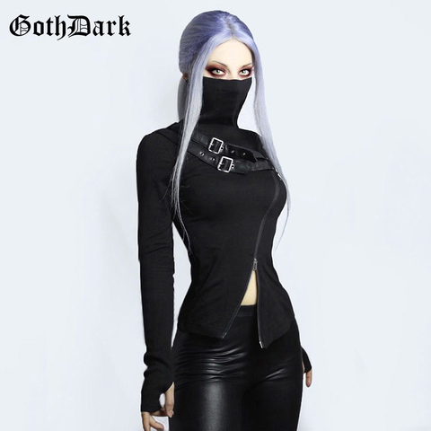 Goth gótico oscuro estilo Grunge camisetas Punk negro de manga larga Camiseta de cuello de tortuga Bodycon cremallera y cinturón frente Tops de retazos para mujeres ► Foto 1/6