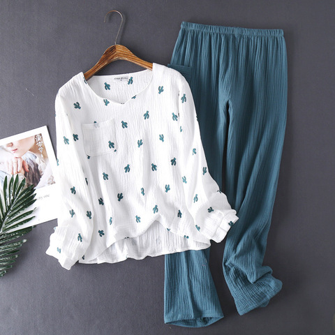 Pijamas japoneses nuevos de algodón para mujer, ropa de crepé, pantalones de manga larga, estilo cactus, cómoda, para el hogar, primavera y otoño ► Foto 1/6