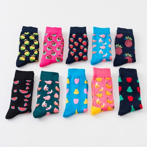 1 par de calcetines de algodón para hombres y mujeres, Skateboard callejero, calcetines felices con dibujo de fruta, Harajuku, regalo de manzana, pera, plátano Limón, cereza, divertidos calcetines ► Foto 1/6