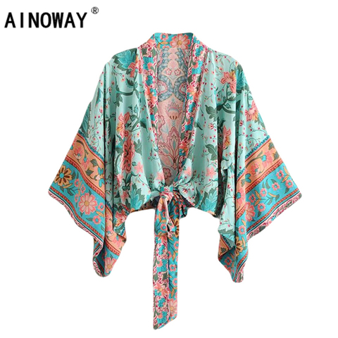 Blusa informal con mangas de murciélago y cuello de pico para mujer, Kimono corto bohemio Vintage con estampado Floral para mujer, 2022 ► Foto 1/6