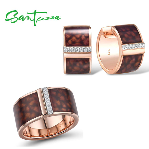 SANTUZZA de plata conjunto de joyería para mujer 925 plata esterlina marrón redondo conjunto de anillo y pendientes moderno y elegante joyería fina de esmalte ► Foto 1/1