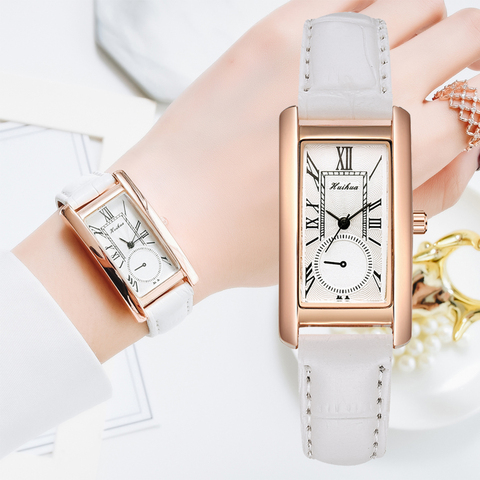 Reloj de moda para mujer, pulsera rectangular de cuero, de cuarzo, informal, sencillo, blanco, regalo ► Foto 1/6