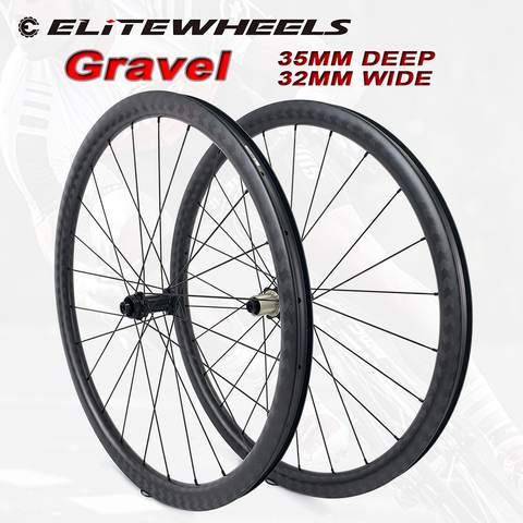 ELITEWHEELS-Rueda de carbono de freno de disco para bicicleta, llanta de carbono RD05 Ready sin cámara, eje y Pilar 1423 radios, 32x35mm, grava 700c ► Foto 1/6