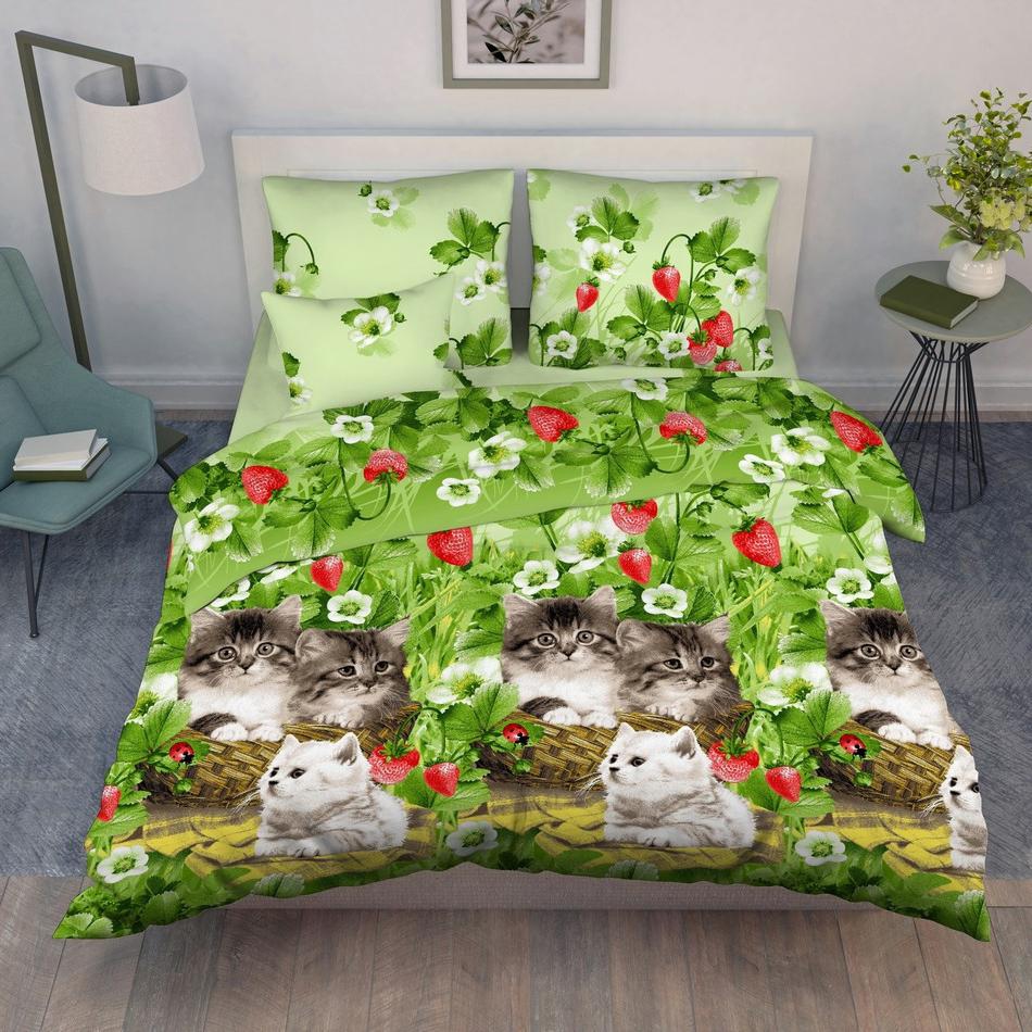 Juego de ropa de cama de Calicó grueso, 100% algodón, figura 4313 gatitos en fresas ► Foto 1/4
