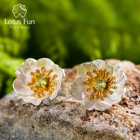 Lotus Fun pendientes de tuerca de flor de anémona de oro de 18K Plata de Ley 925 auténtica pendientes de joyería fina hechos a mano para regalo de mujer ► Foto 1/6