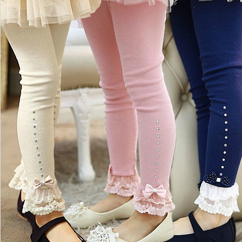 Al por menor 3 t a 11 t niños niñas primavera caída rosa azul beige encaje ruffle rhinestone princesa polainas niños algodón legging ► Foto 1/6