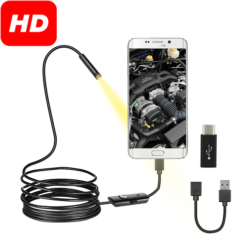 Mini cámara endoscópica de 1M, endoscopio resistente al agua, boroscopio,  cable suave ajustable, 6 LEDS, 7mm, Android tipo C, cámara de inspección  USB para coche