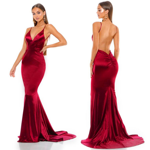 Vestidos largos de sirena con espalda descubierta color burdeos, vestidos largos de noche de fiesta, escote en V, largo hasta el suelo, elegante, espalda abierta ► Foto 1/6