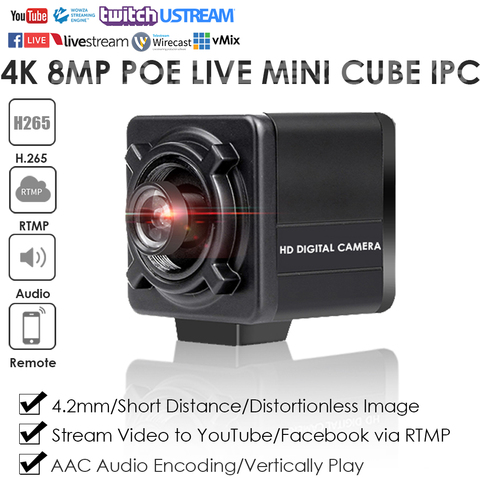 Mini cámara IP de Streaming en vivo, 4K, 8.0MP, PoE, Starlight, sin distorsión, vídeo en directo, YouTube/Wowza, por RTMP con Audio ► Foto 1/6