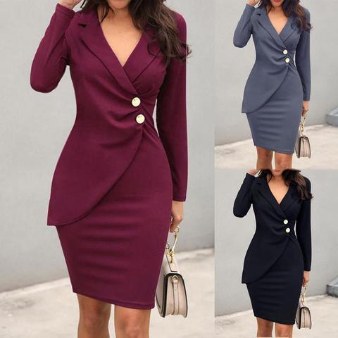 Las mujeres de una sola pieza chaqueta vestido de oficina vestido Formal dama solapa Bodycon con botón de manga larga negocios vestido Midi de mujer trajes ► Foto 1/6