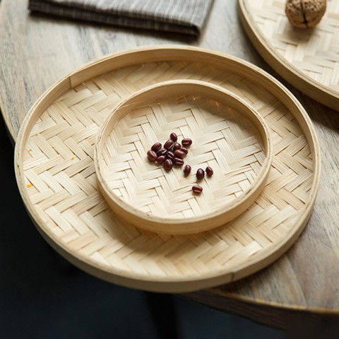 Tamiz de bambú tejido a mano, balsa de bambú pintada a mano, recogedor redondo, cesta de pan de Fruta decorativa, bandeja de almacenamiento de cocina ► Foto 1/6