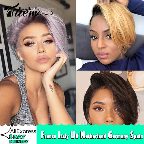 Trueme U, pelucas de malla con división para mujeres, cabello humano Remy brasileño, Ombre 613, pelucas frontales de encaje de corte Pixie Bob corto color púrpura Rubio ► Foto 1/6