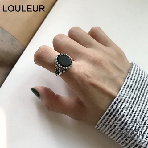 Louleur-Anillos Vintage de ágata negra para mujer, de Plata de Ley 925, diseño Simple Retro, anillos salvajes con personalidad, dijes, joyería fina ► Foto 1/6