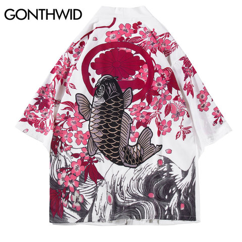 GONTHWID-cárdigan Kimono japonés con estampado de flores, cárdigan con estampado de flores de cerezo y carpa, chaqueta de calle, Tops informales de estilo Hip Hop Harajuku, Koi ► Foto 1/6