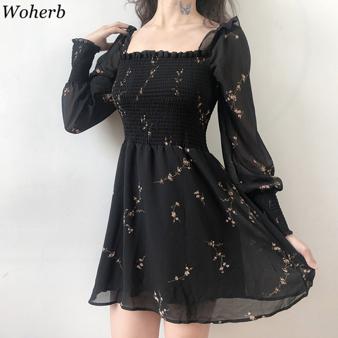 Woherb 2022 de verano para Mujer negro vestido flores Vintage largo manga Puff de chifón Vestidos Casual coreano Mini Vestidos de Mujer 21593 ► Foto 1/6