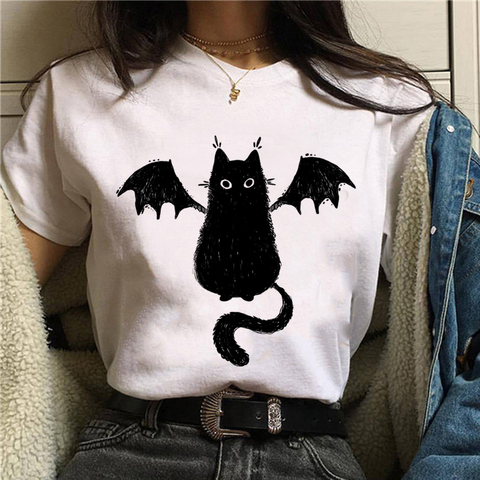 Mujeres camiseta de gato de dibujos animados de impresión de Halloween camiseta manga corta Camiseta Harajuku gráfico camiseta Top de la calle traje ► Foto 1/6