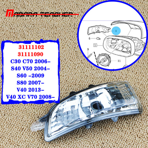 Lente de lámpara de luz intermitente para Retrovisor lateral izquierdo y derecho, para Volvo S40, S60, S80, C30, C70, V50, V70, 31111102,31111090 ► Foto 1/6