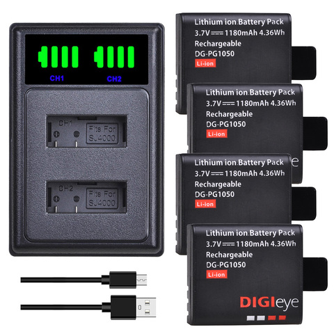 Batería PG1050 de 1180mAh + cargador USB Dual LED para SJCAM SJ4000 SJ5000 SJ5000X para EKEN H9 H9R H8R H8 GIT PG900 AKASO EK7000, 4 Uds. ► Foto 1/6