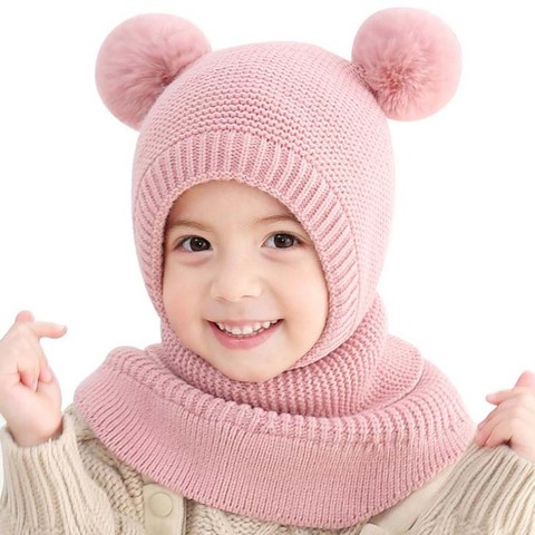 Doitbest-gorro de invierno de 2 a 6 años para niño Y niña, gorrito de dos bolas de pelo, gorros de piel de punto, protección facial, cuello, gorro con solapa para la oreja ► Foto 1/6