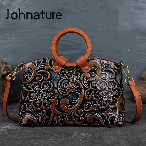 Johnature de lujo bolso de las mujeres 2022 nuevo Vintage bolso hecho a mano en relieve primera capa de cuero de vaca de ocio bolsas de mensajero de hombro ► Foto 1/6