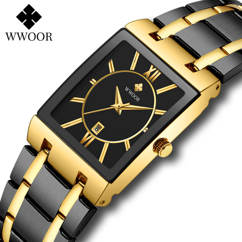 WWOOR-Reloj de pulsera de cuarzo cuadrado para Hombre, de lujo, Dorado, de acero inoxidable, resistente al agua ► Foto 1/6