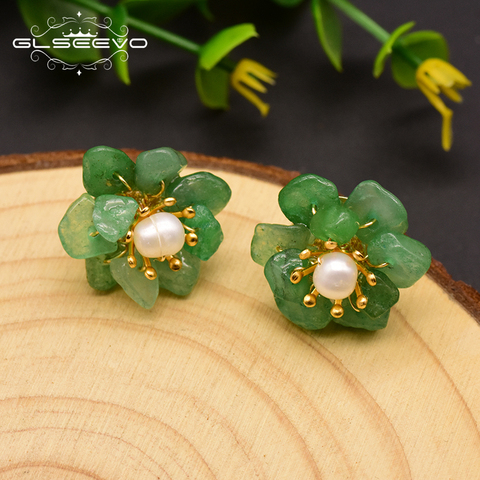 GLSEEVO Natural Jade perla Stud pendientes para las mujeres mamá cumpleaños regalo Flor de plata esterlina 925 pendiente de joyería fina GE0780 ► Foto 1/5