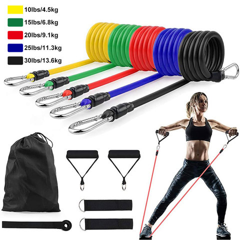 Bandas de resistencia de látex para entrenamiento físico, cintas elásticas con tubos de goma y tiradores para fitness, yoga y crossfit, material para ejercicios de tonificación muscular, set con 11 unidades ► Foto 1/6