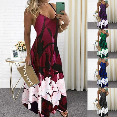 S-5XL Casual de verano de las mujeres Maxi vestido Sexy traje Floral impreso vestido largo sin mangas con cuello en V vestido para mujer en tallas grandes, vestido ► Foto 1/6