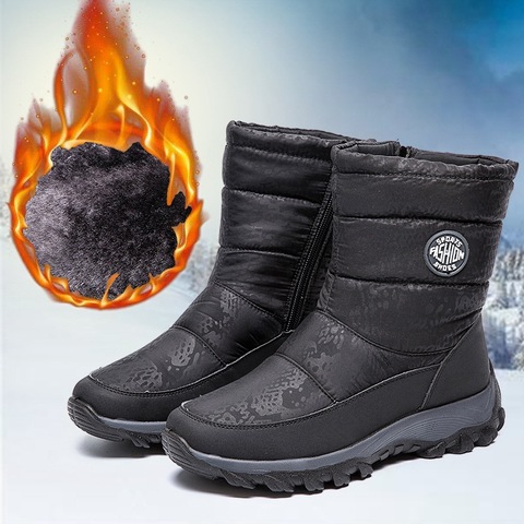 Zapatos de nieve con cremallera para mujer, botines cálidos de invierno, botas cálidas de felpa a prueba de agua, color negro, talla grande ► Foto 1/6