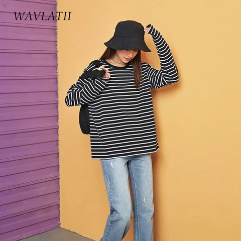 WAVLATII camisetas de manga larga para mujer, camisetas con rayas blancas y negras de algodón, informales de Primavera de gran tamaño, WLT2107, 2022 ► Foto 1/6