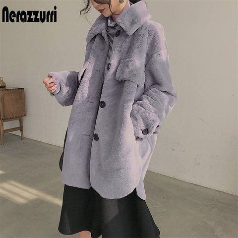 Nerazzurri-abrigos de piel sintética de gran tamaño para mujer, chaqueta mullida gris con botones de manga larga, ropa de invierno 2022 ► Foto 1/6