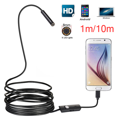 Lente de 8MM 1M/2M/5M/10M Cable duro CÁMARA DE endoscopio USB para Android boroscopios de luz Led, cámara para PC, teléfono Android ► Foto 1/5