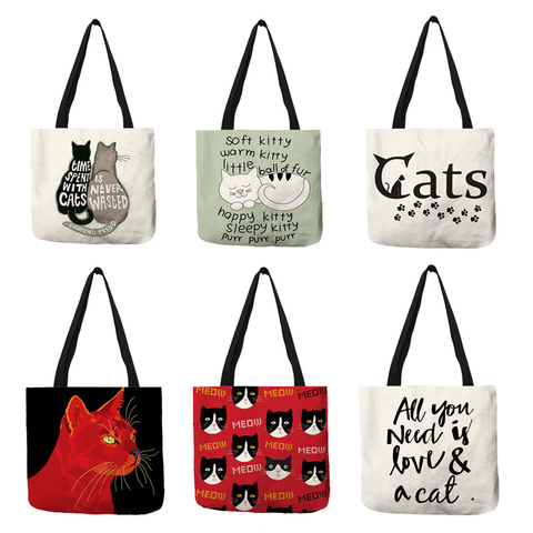 Bolso de mano con patrón de gato personalizado para mujer, bolsa de compras de lino ecológico con estampado de deseos, bolsa de viaje ► Foto 1/6