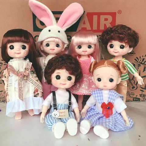 Muñeca BJD de 16cm con hoyuelos y sonrisa, 13 muñecas articuladas móviles, bonita cara redonda, BJD juguete, vestido de niña pequeña, juguete de maquillaje para niñas, muñecas de regalo ► Foto 1/6