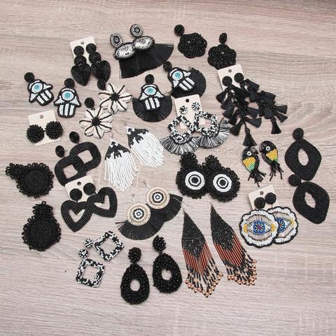 ROYALBEIER-pendientes bohemios de cuentas negras para mujer, aretes hechos a mano, colgante grande, borla con flecos, joyería de boda declaración, regalo de fiesta ► Foto 1/6