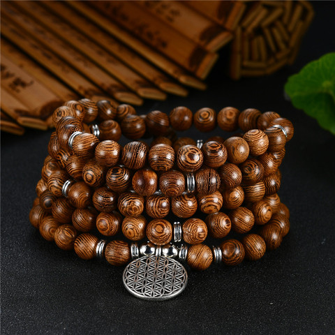 Cuentas de oración 108 pulsera tibetano budista Rosario encanto Mala meditación de la flor de la vida suerte madera Wenge pulsera para los hombres y las mujeres ► Foto 1/6