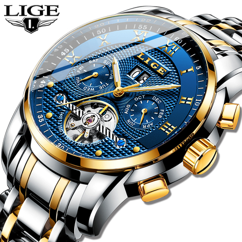 LIGE-Reloj de acero inoxidable para hombre, accesorio masculino de pulsera resistente al agua con mecanismo automático, complemento deportivo mecánico de marca lujosa de negocios ► Foto 1/6