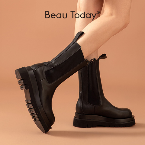 BeauToday botas Chelsea genuino de las mujeres de plataforma de cuero de vaca de punta redonda de la mediados de-longitud de pantorrilla otoño zapatos de las señoras hecho a mano 02366 ► Foto 1/6