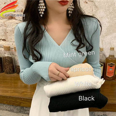 Tops de Invierno para mujer, suéteres de punto sexys de manga larga con cuello de pico profundo, suéteres en 4 colores, novedad de 2022 ► Foto 1/6