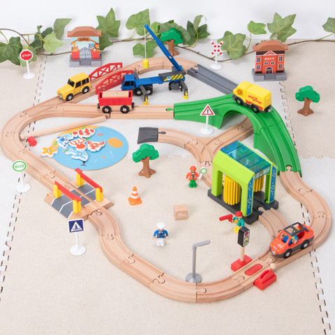 Juego de tren de pista de madera para lavado de coches, rompecabezas educativos de juguete, Compatible con marca de madera, juguetes para niños, regalos ► Foto 1/5