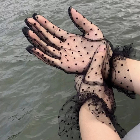 Guantes cortos de seda negra para mujer, de gasa de malla de encaje, ultrafinos, Vintage, elegantes, para fiesta, transparentes, sexys ► Foto 1/6