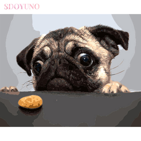 SDOYUNO-Cuadro de pintura por números DIY para niños, Pug, perro, animales, lienzo con números, kits de pintura, regalo único para decoración del hogar ► Foto 1/5