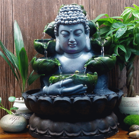 Decoraciones creativas para el hogar, estatua de Buda con fuente Led de cascada de agua corriente de resina, adornos Feng Shui de la suerte, decoración de paisaje ► Foto 1/6